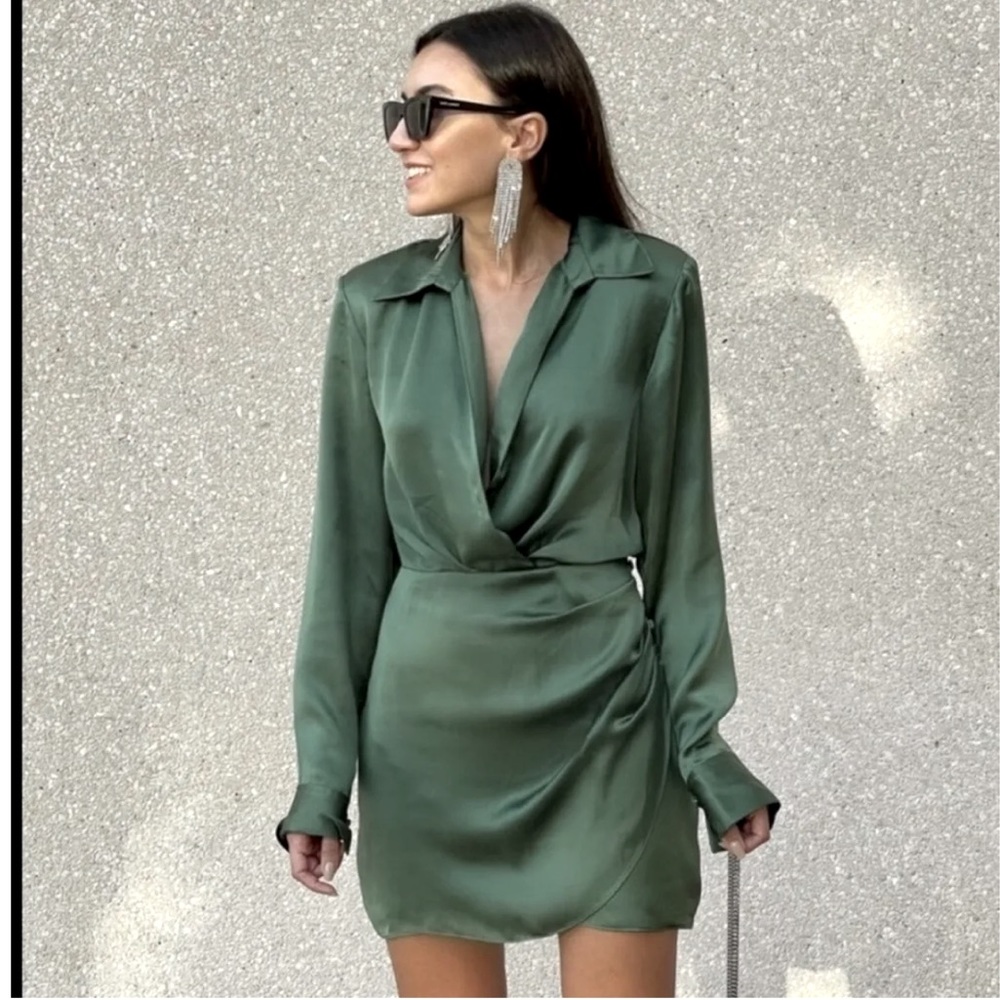 Zara olive green satin effect wrap dress